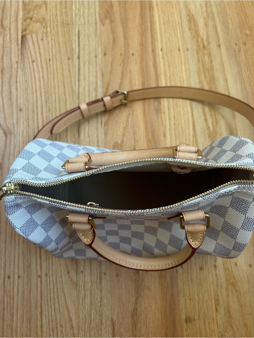 Louis Vuitton Damier Azur 25 Speedy in Light Gray and Cream with Tan Trim